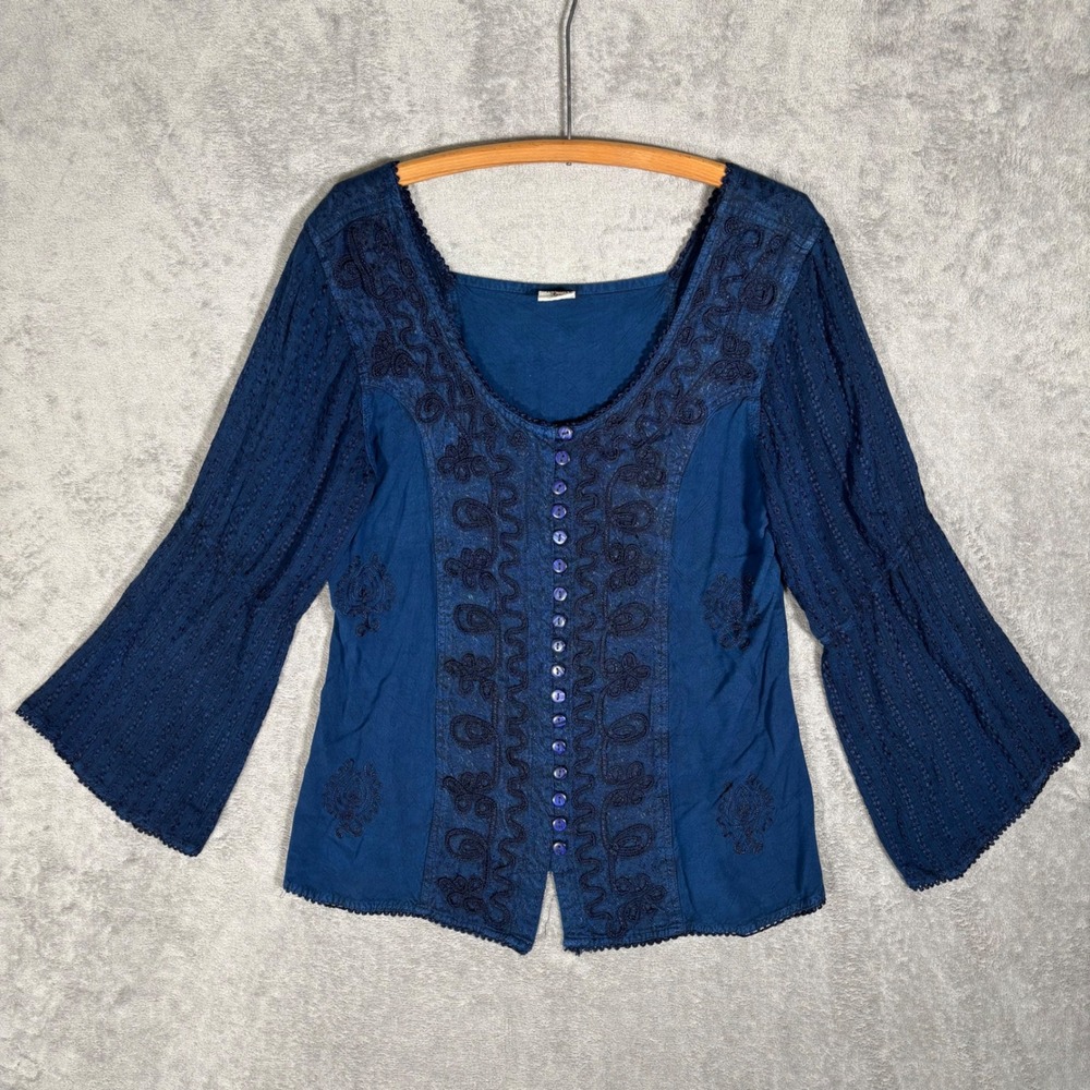 Advance Apparel Navy Blue Boho Embroidered Button Front Peasant Blouse XXL Fairy